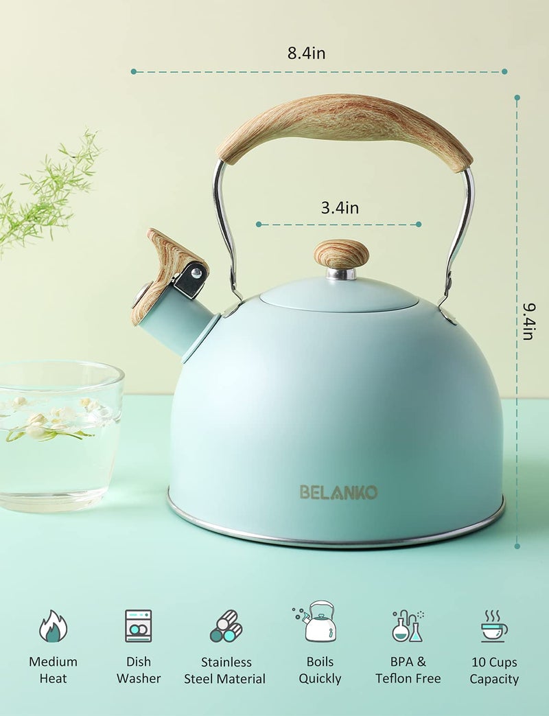 BELANKO Tea Kettle, BELANKO 85 OZ / 2.5 Liter Whistling Tea Kettle, Tea Pots for Stove Top Food Grade Stainless Steel with Wood Pattern Folding Handle, Loud Whistle Kettle for Tea, Coffee, Milk - Turquoise - Image 5